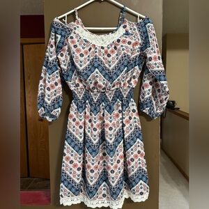 Zunie Blue and Red Sundress with Cold Shoulder Bishop Sleeves